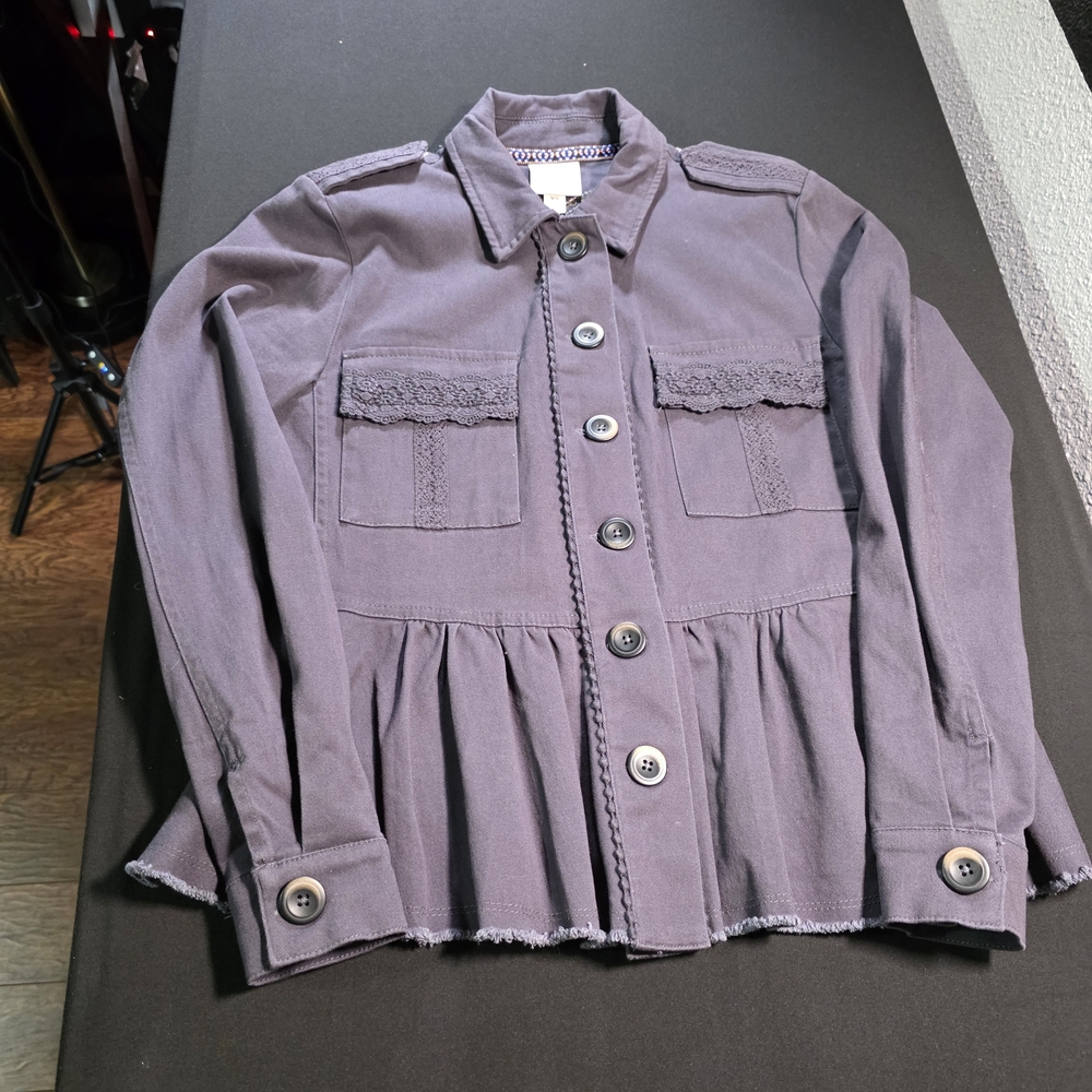 Women's Gray/Plum Military Style Embroidered Emblem Boho Jacket w Lace Detailing
